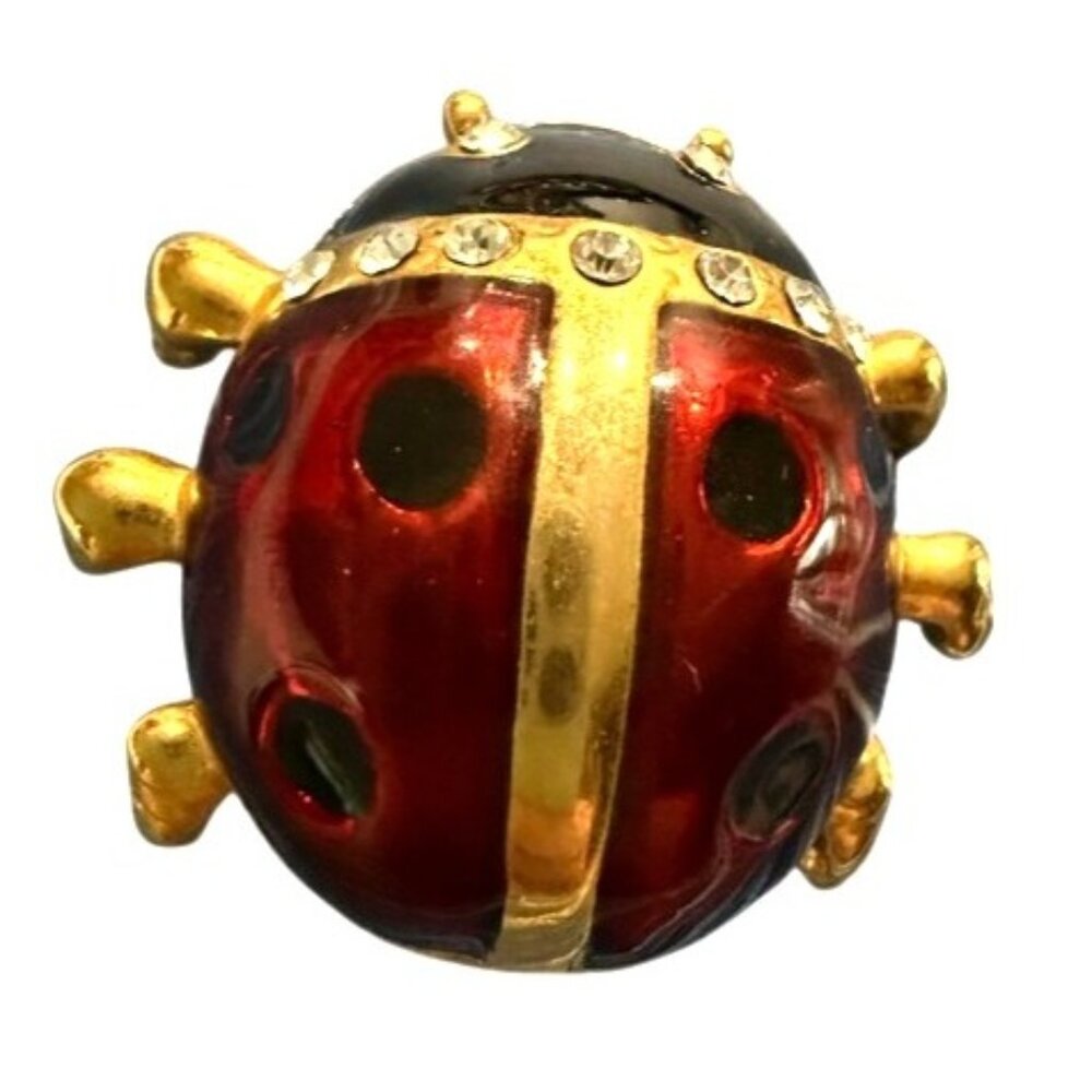 Vintage Ladybug Pin Brooch Red Black Enamel Gold Tone Rhinestone Accents